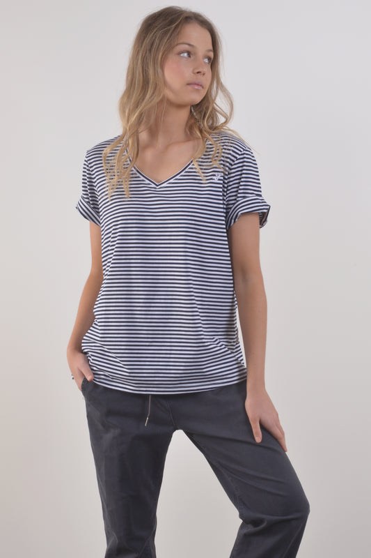 V-NECK CUFF TEE- Navy